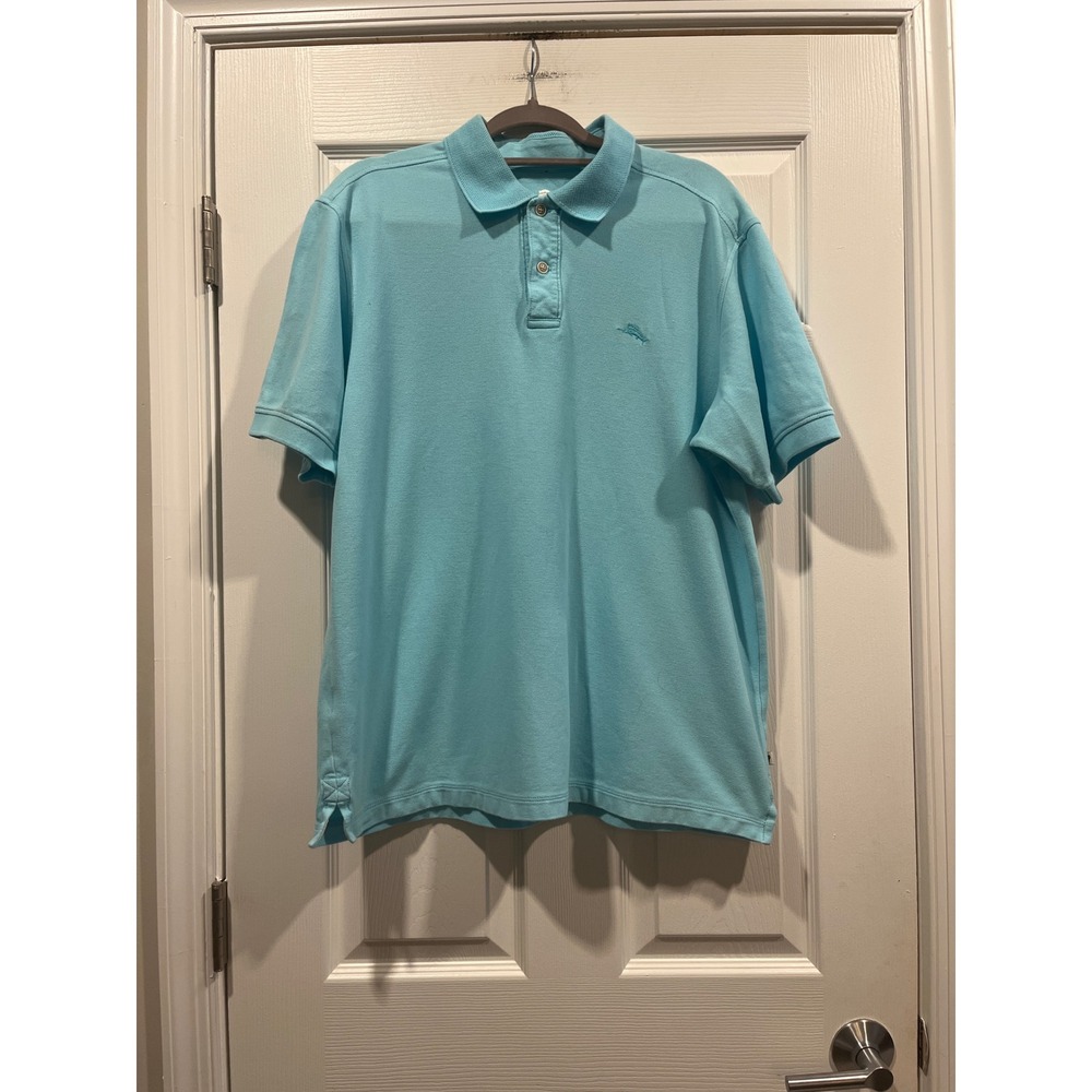 Tommy Bahama Mens Large Aqua Blue Pique Short Sleeve Marlin Logo Polo‎ Shirt